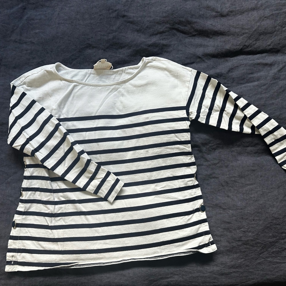 Sezane Navy and White Striped Long Sleeve Top